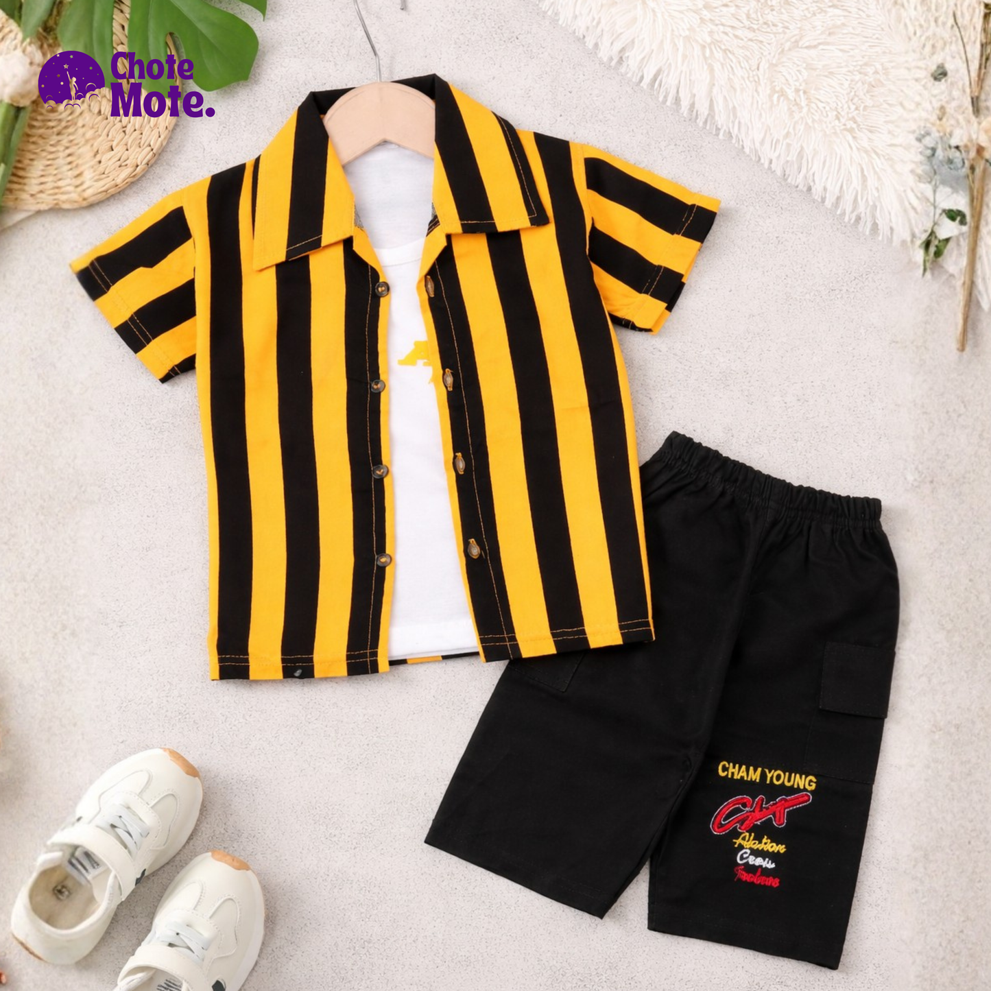 Article 2606: Premium Boys 2-Piece Summer Outfit – Striped Shirt with Black Shorts