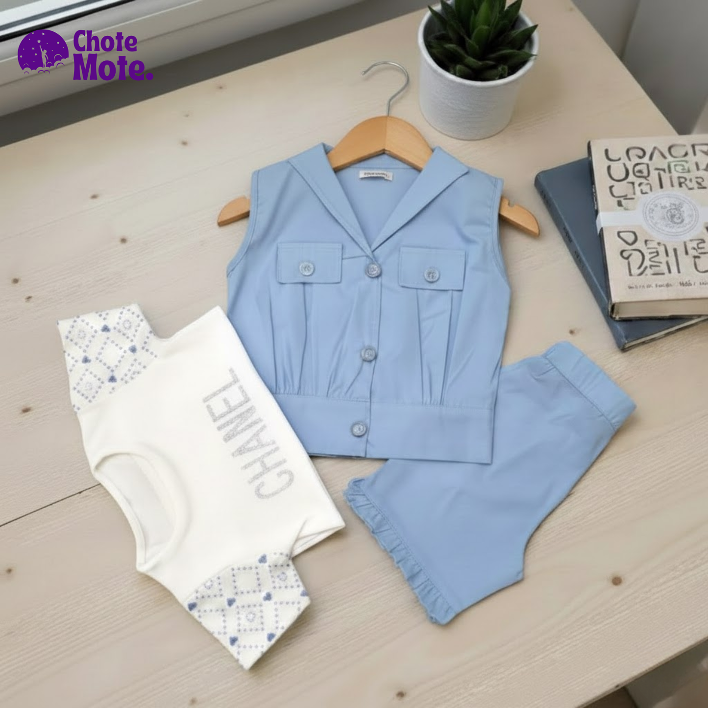 Article 51060 : Girls' Premium 3-Piece Summer Suit in Sky Blue & Baby Pink (Waistcoat, Inner & Shorts)