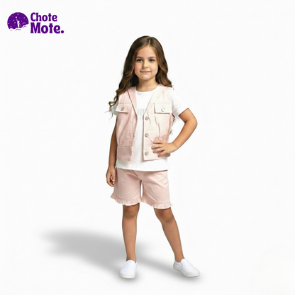 Article 51060 : Girls' Premium 3-Piece Summer Suit in Sky Blue & Baby Pink (Waistcoat, Inner & Shorts)