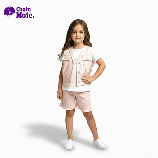 Article 51060 : Girls' Premium 3-Piece Summer Suit in Sky Blue & Baby Pink (Waistcoat, Inner & Shorts)