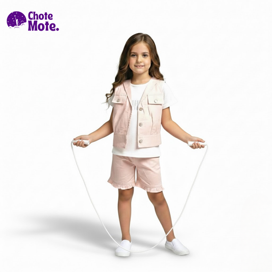 Article 51060 : Girls' Premium 3-Piece Summer Suit in Sky Blue & Baby Pink (Waistcoat, Inner & Shorts)