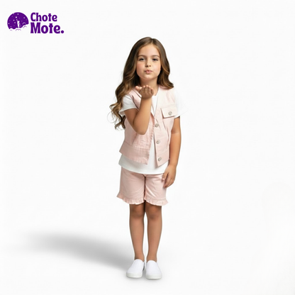 Article 51060 : Girls' Premium 3-Piece Summer Suit in Sky Blue & Baby Pink (Waistcoat, Inner & Shorts)