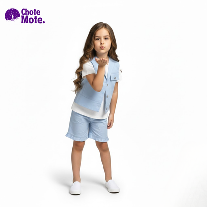 Article 51060 : Girls' Premium 3-Piece Summer Suit in Sky Blue & Baby Pink (Waistcoat, Inner & Shorts)