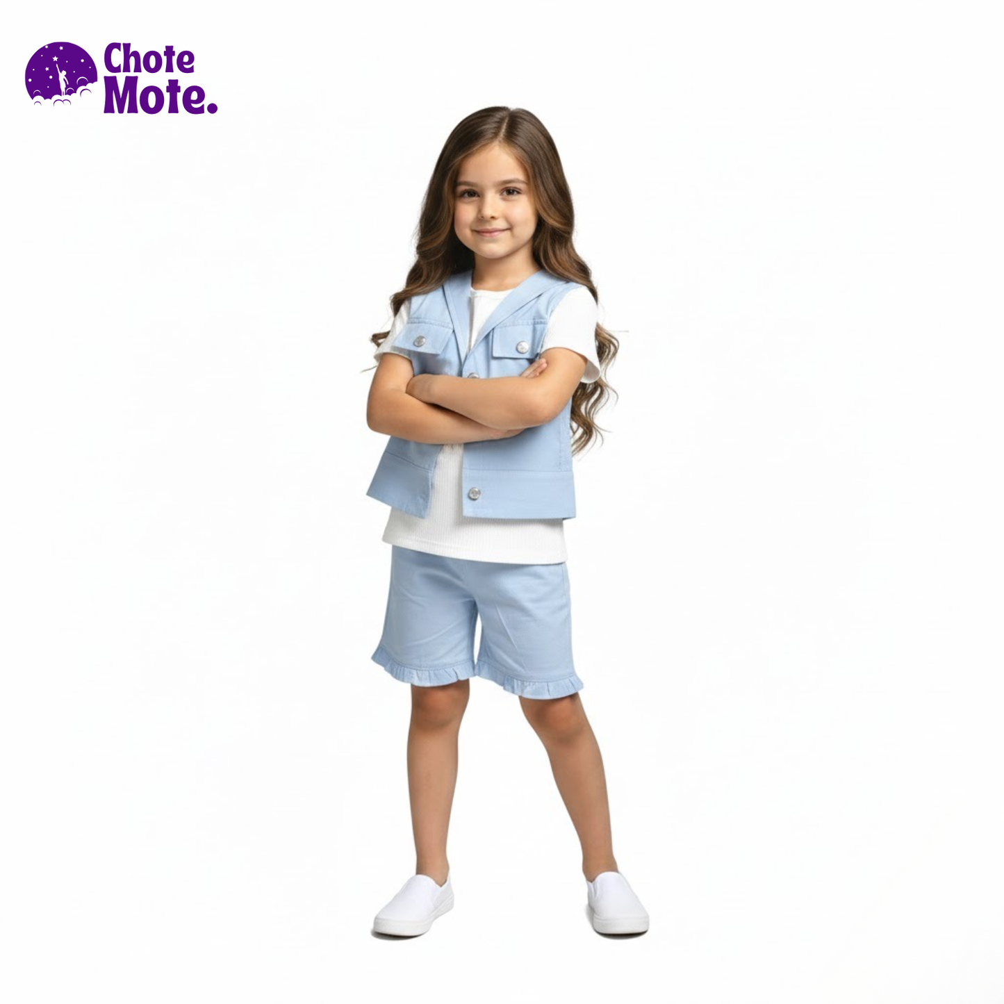 Article 51060 : Girls' Premium 3-Piece Summer Suit in Sky Blue & Baby Pink (Waistcoat, Inner & Shorts)