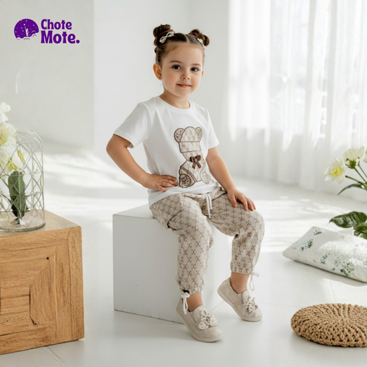 Article 40142 : Kids Premium Designer Bear embroidered T-Shirt & Cargo Joggers Set - 2 Piece Outfit