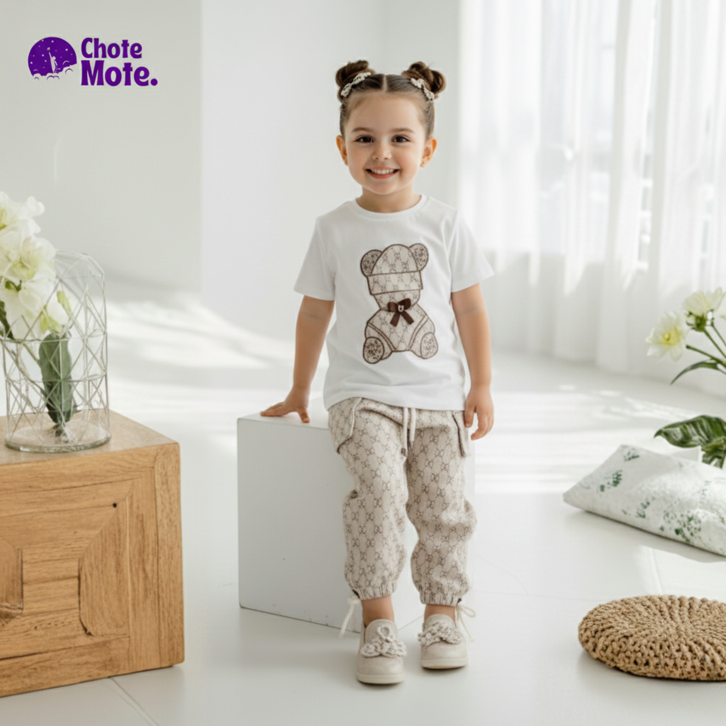 Article 40142 : Kids Premium Designer Bear embroidered T-Shirt & Cargo Joggers Set - 2 Piece Outfit