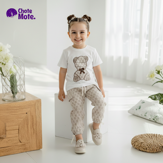 Article 40142 : Kids Premium Designer Bear embroidered T-Shirt & Cargo Joggers Set - 2 Piece Outfit