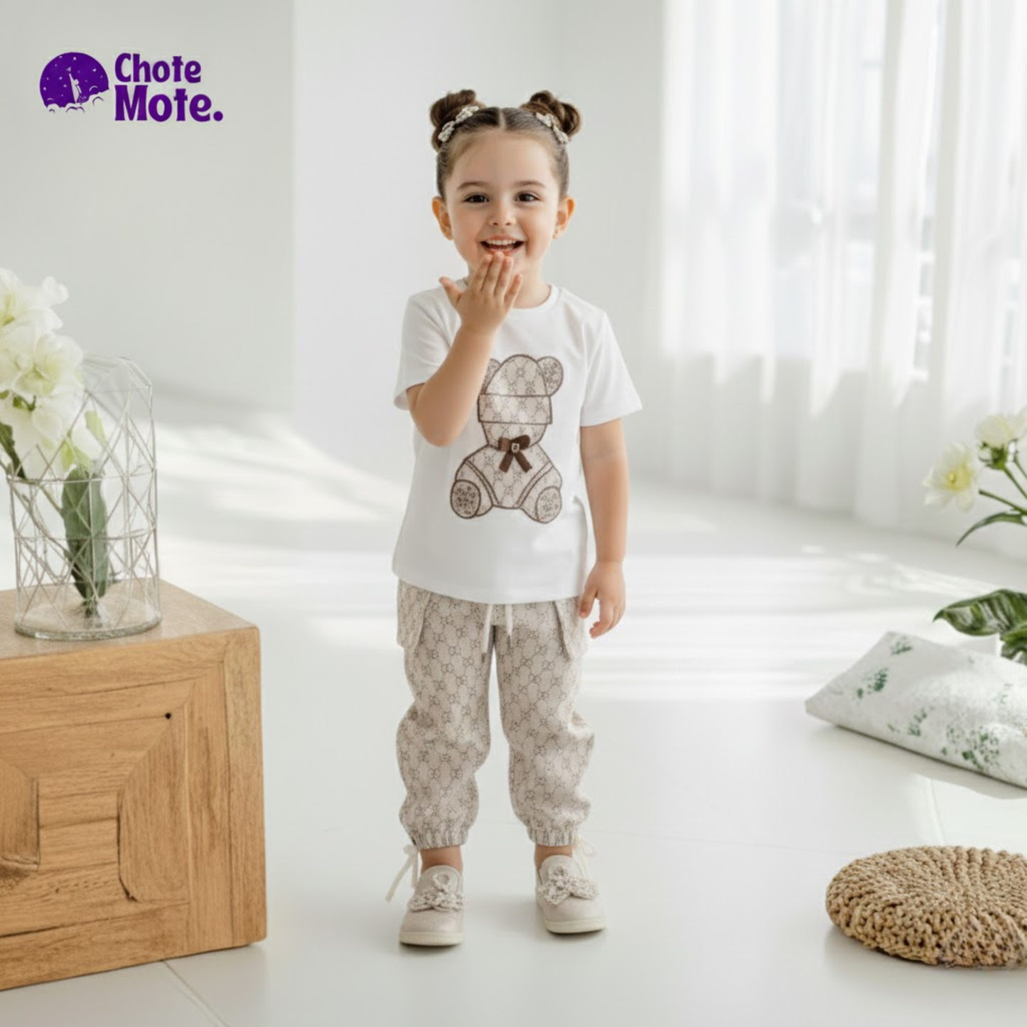 Article 40142 : Kids Premium Designer Bear embroidered T-Shirt & Cargo Joggers Set - 2 Piece Outfit