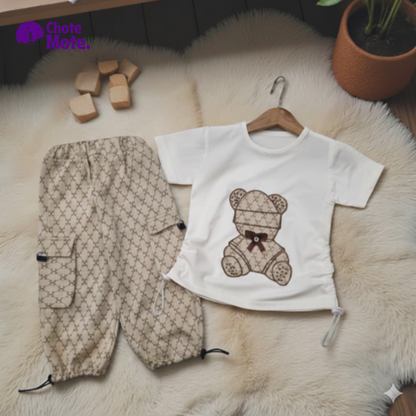 Article 40142 : Kids Premium Designer Bear embroidered T-Shirt & Cargo Joggers Set - 2 Piece Outfit