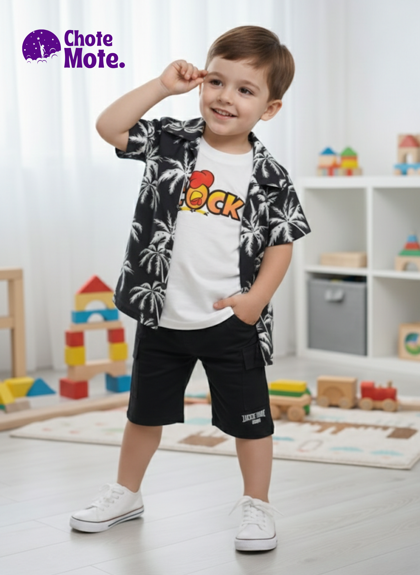 Article 2605 – Boys Summer Printed Shirt Set with Cargo Shorts