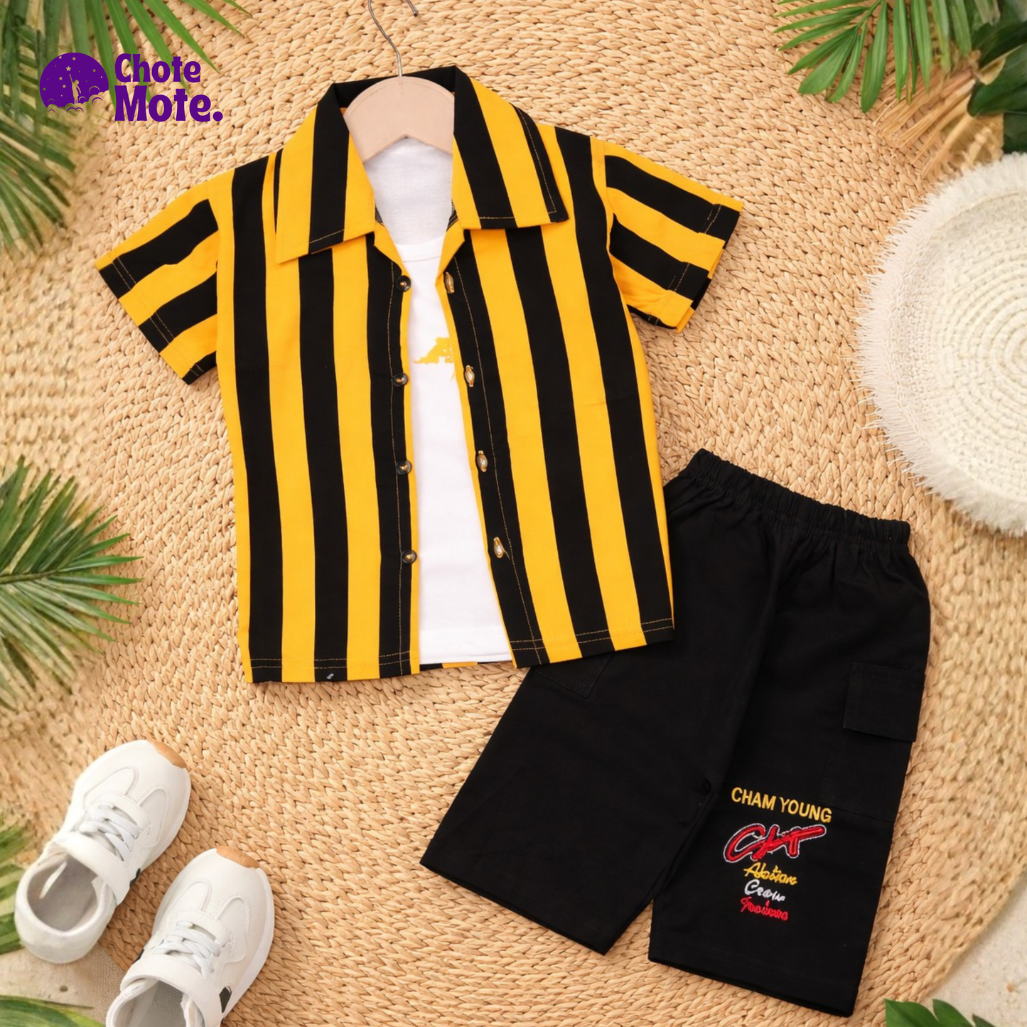 Article 2606: Premium Boys 2-Piece Summer Outfit – Striped Shirt with Black Shorts