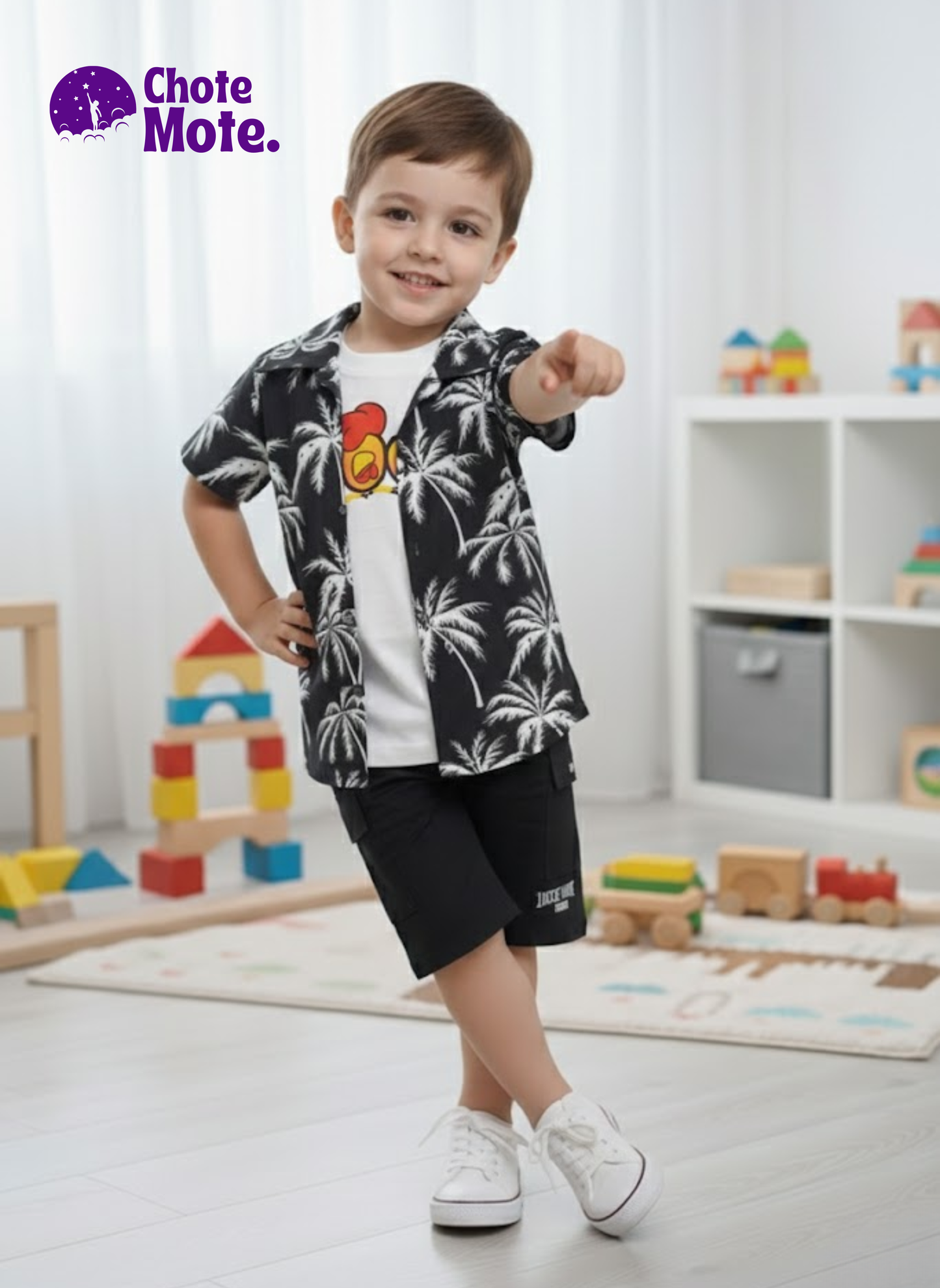 Article 2605 – Boys Summer Printed Shirt Set with Cargo Shorts