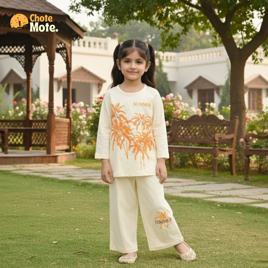Article 10045 : Girls Summer Palm Tree Print 2PC Shirt & Trouser Set