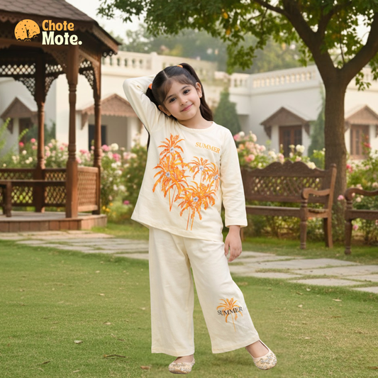 Article 10045 : Girls Summer Palm Tree Print 2PC Shirt & Trouser Set