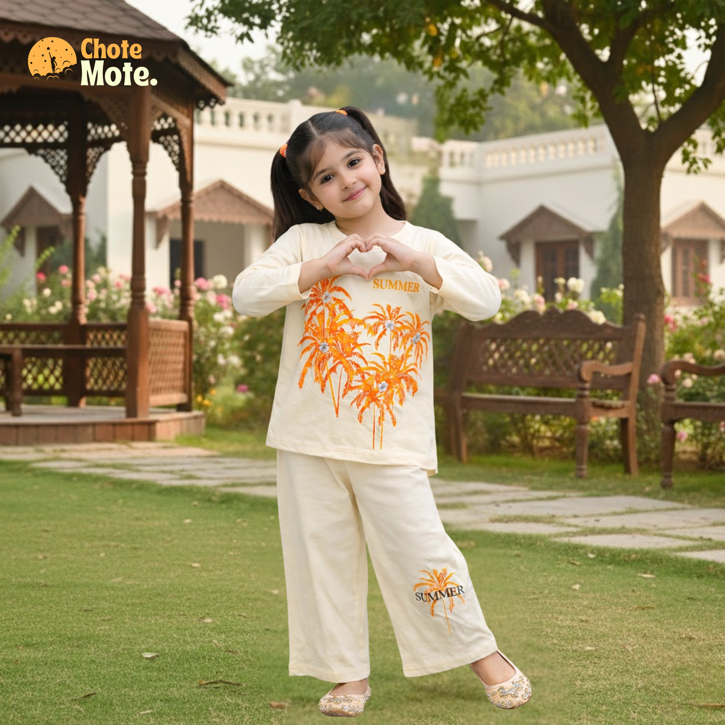 Article 10045 : Girls Summer Palm Tree Print 2PC Shirt & Trouser Set