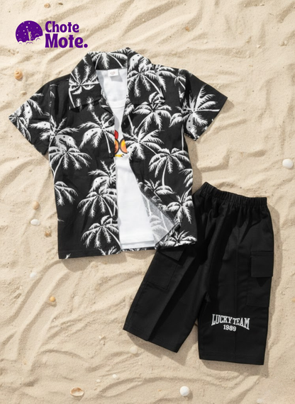 Article 2605 – Boys Summer Printed Shirt Set with Cargo Shorts