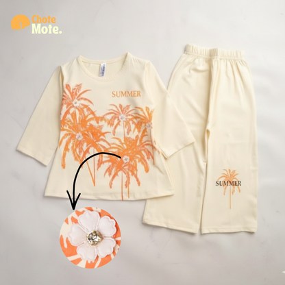 Article 10045 : Girls Summer Palm Tree Print 2PC Shirt & Trouser Set
